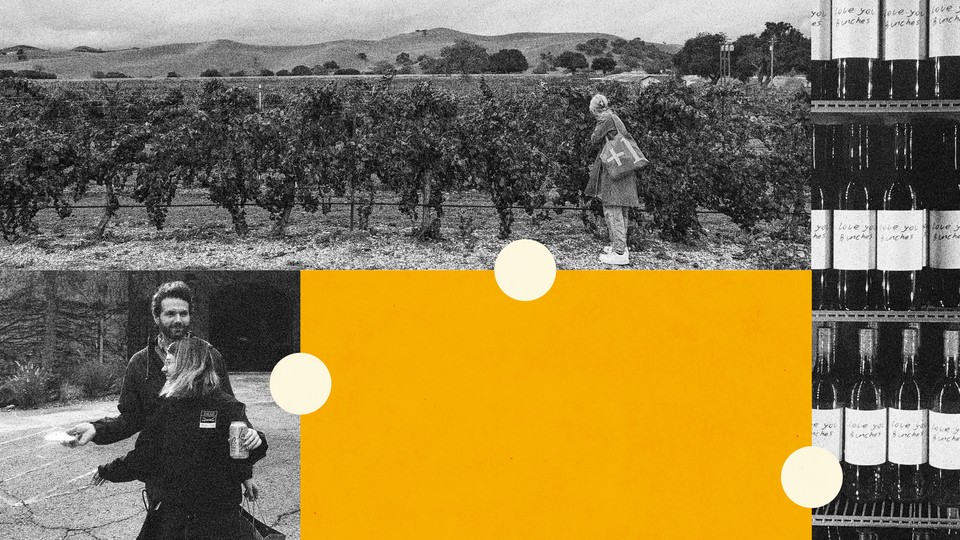 A collage of two women and a man in a vineyard, a fridge full of wine bottles, an orange rectangle