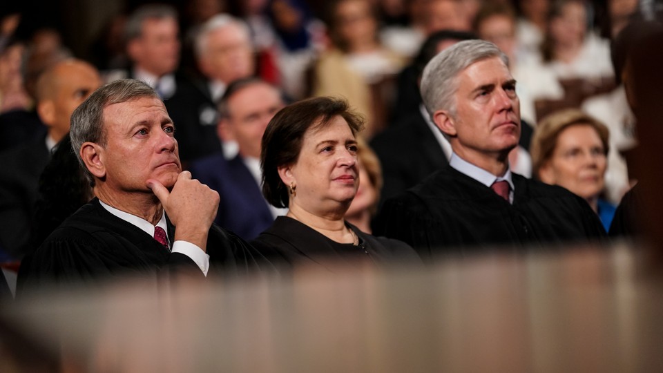 Supreme Court Justices John Roberts (<i>left</i>), Elena Kagan, and Neil Gorsuch
