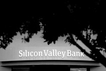 Black and white photo of Silicon Valley Bank branch partially covered by a tree.