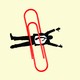 An illustration of a man in a suit stuck in a red paperclip