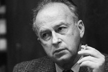 Black and white photograph of Yitzhak Rabin holding a cigarette