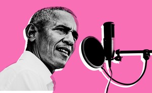 Barack Obama speaking into a microphone against a pink background