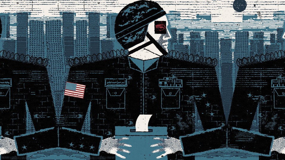 A drawing of an American military-like officer in a city holds a ballot box.