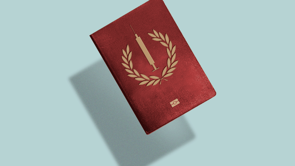 A passport emblazoned with a golden syringe