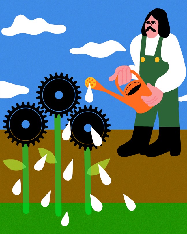 Illustration of a man wearing overalls using a watering can to water plants whose flowers look like gears
