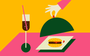 Illustration of hand lifting cover off of burger