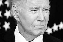 A black-and-white photo portrait of President Joe Biden