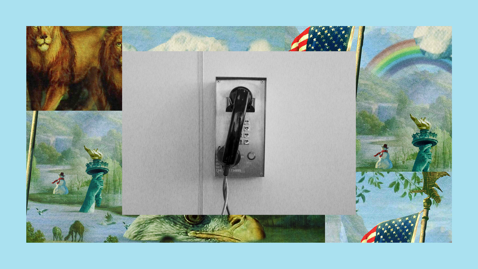 A single payphone hangs on a wall. The image is set into a frame featuring The Experiment’s show art.