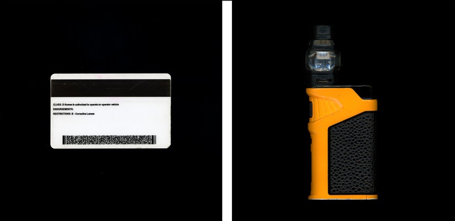 photos of driver's license on left and vape device on right