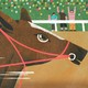 A racehorse in the foreground with friends gathered in the background