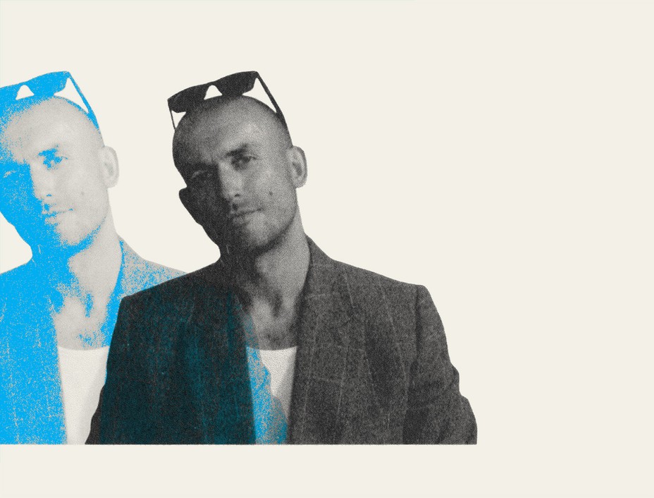 photo-illustration with black-and-white photo of man with sunglasses on head duplicated in blue on tan background