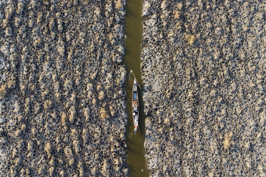 A narrow boat moves along a narrow canal, captured from above.