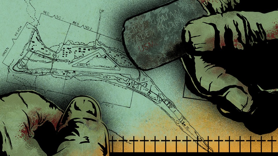 An illustration of hands holding a dog tag with Alexander Bonnyman's name over a map of Betio