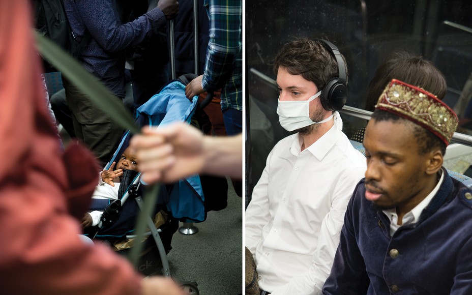Camille Picquot left photo: stroller on crowded subway; right photo: two men sitting, one in surgical mask
