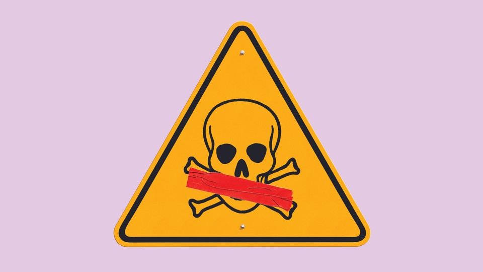 illustration of yellow triangular warning sign with black skull and crossbones and red tape across skull's mouth