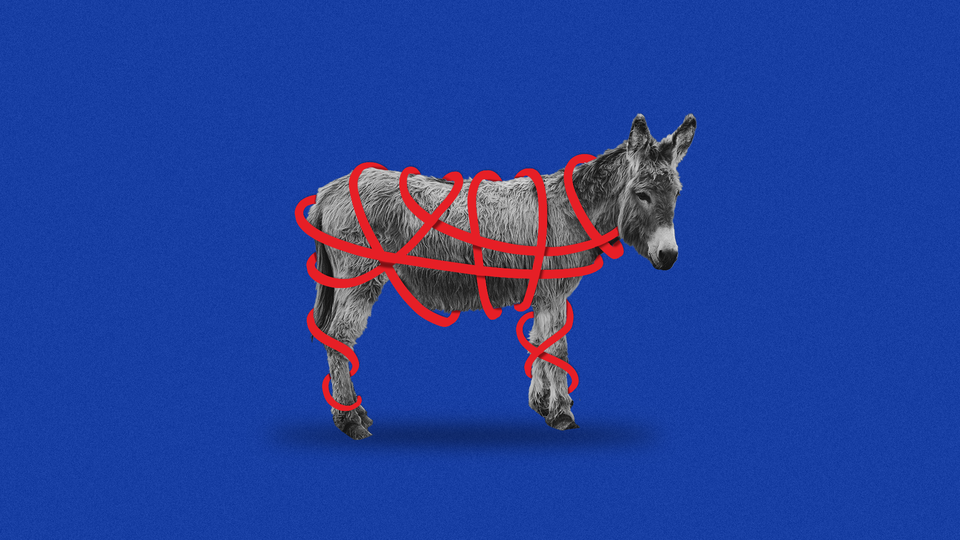 Illustration of a donkey with red tape wrapped all around its body