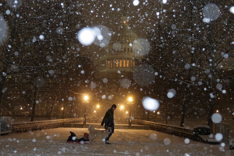 A man pulls his son on a sled in front of the U.S. Capitol while walking their dog as snow falls.