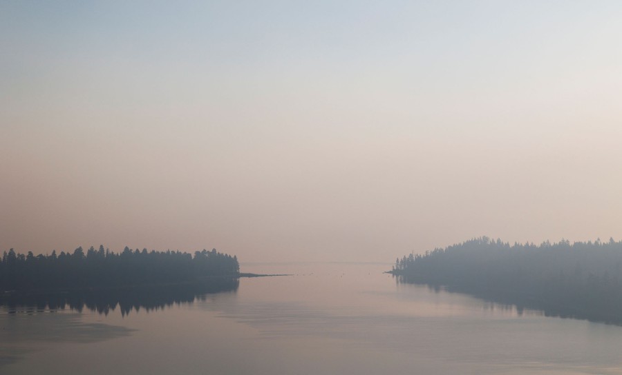 A view of Lake Tahoe partially obscured by a very smoky sky