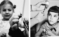 Two photographs of kids getting shots covid