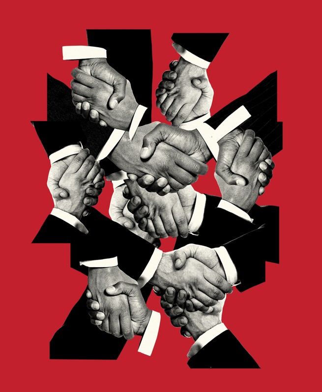 a lattice consisting of multiple photos of male hands in dark suits in a handshake on red background