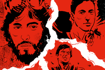 Black-ink sketches of four different Pacino characters on red background separated by jagged white lines