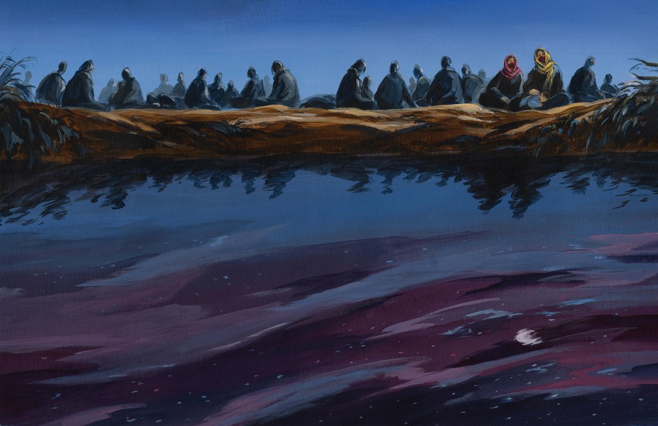 illustration of two robed women in hijabs sitting with dozens of other people outdoors at night near a dark pool