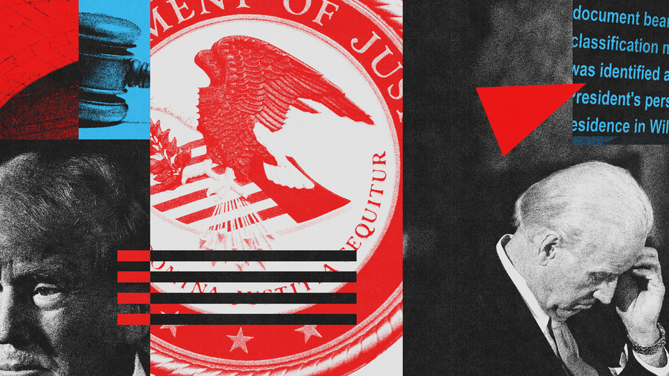 Illustrated collage of Donald Trump, the DOJ seal, Joe Biden, in red, black, and blue