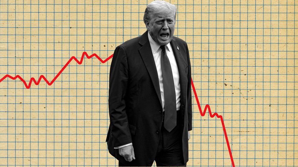 A montage of Donald Trump in front of a red fever chart heading down