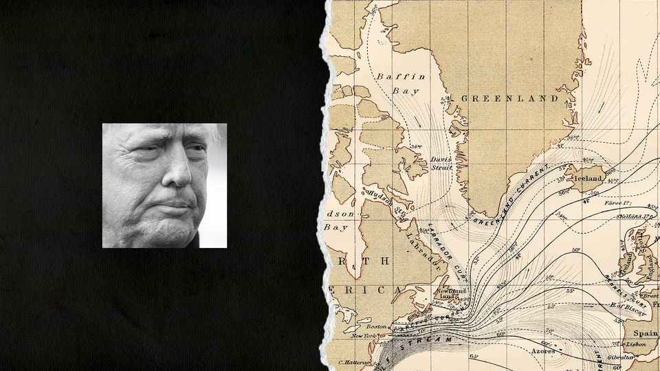 An illustration of Trump next to a map of Greenland