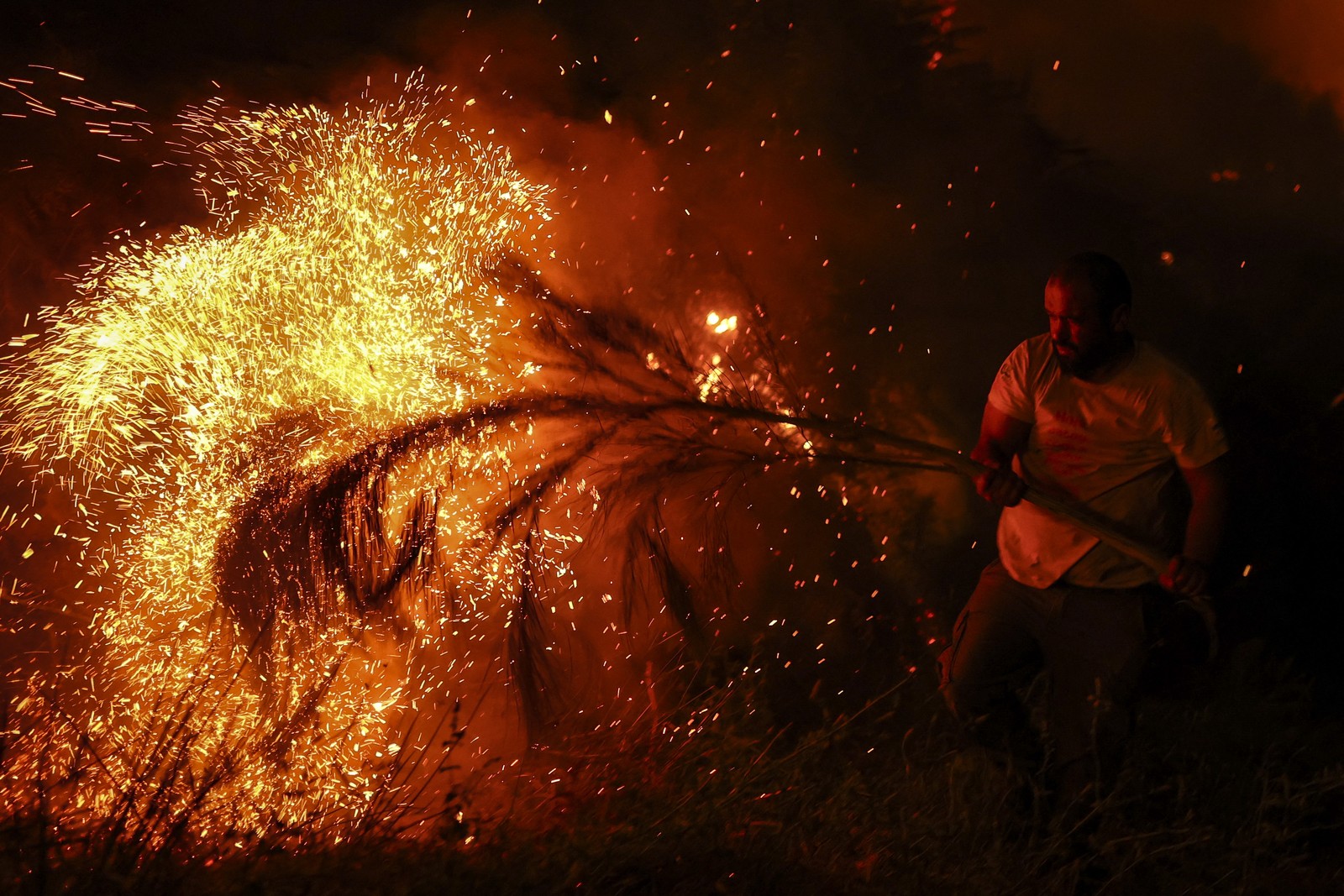 A man tries to extinguish a wildfire with a tree branch.