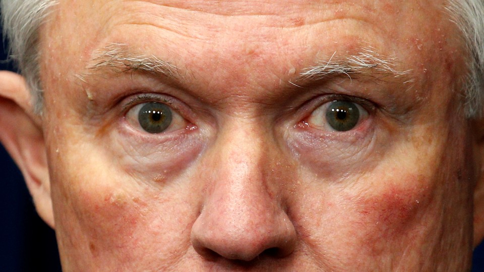 A close-up shot of Jeff Sessions's face