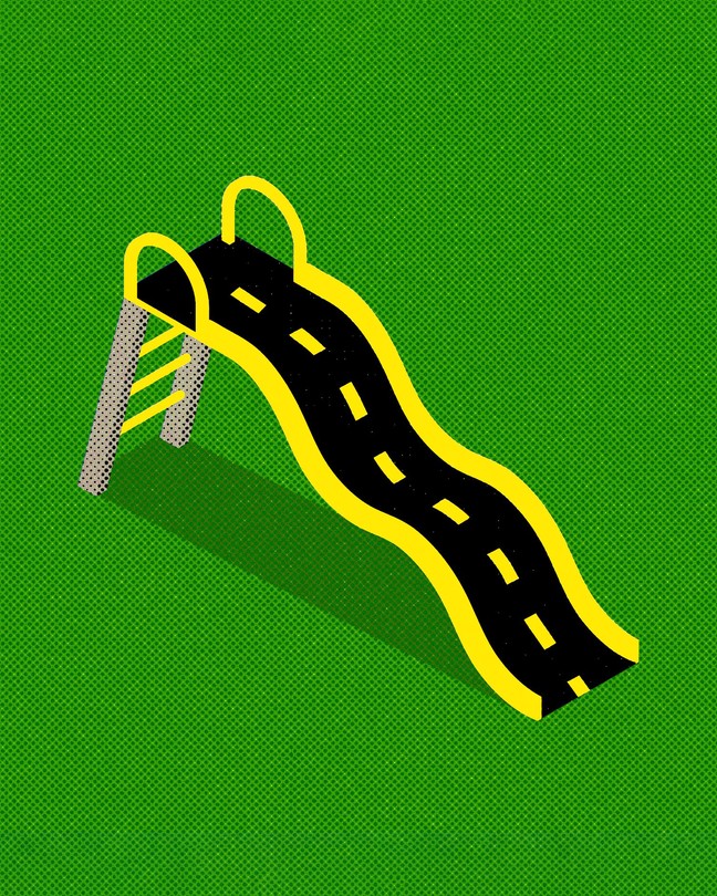 A playground slide with road lines