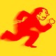 Illustration of a red man in a suit running rightward with a yellow background