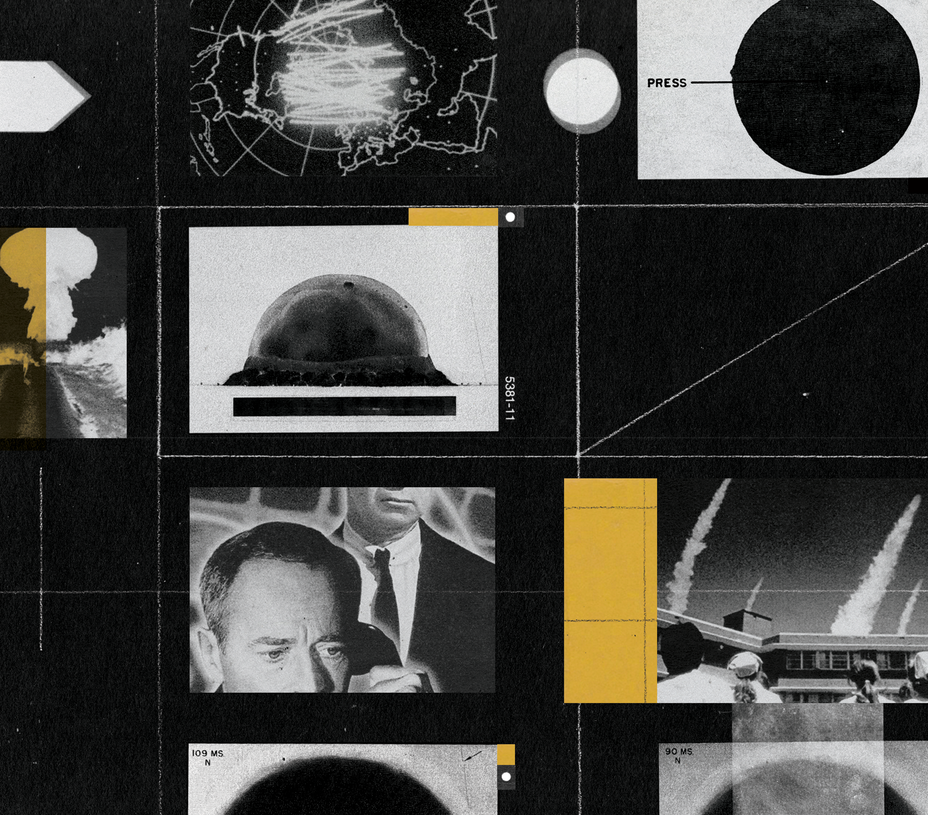 photo collage of black-and-white images from movies with nuclear mushroom cloud, missiles firing, maps, and mustard-yellow accents