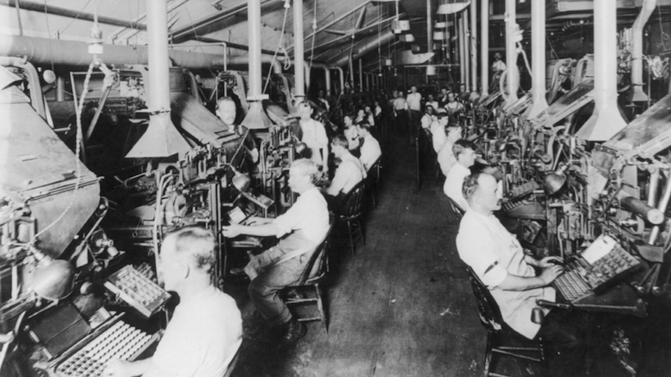 The New York Herald's composing room, filled with linotype machines, circa 1902