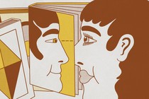 Muted illustration of a stylized profile of a person looking into a slightly open book, with a face reflected back.