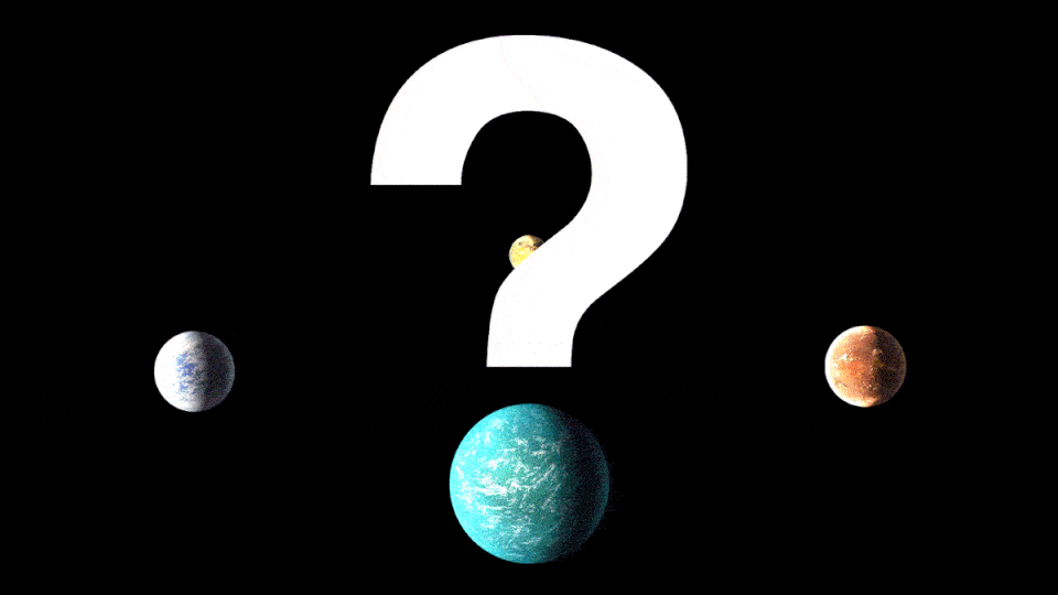 An illustration of planets orbiting beneath a question mark