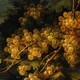 A painting of multiple bunches of gold grapes on the vine, surrounded by leaves