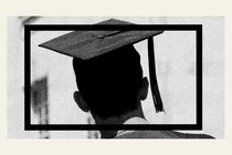 A black-and-white image of a student wearing a graduation cap