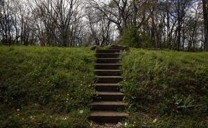 A stairway leads to an empty lot where a house used to stand.