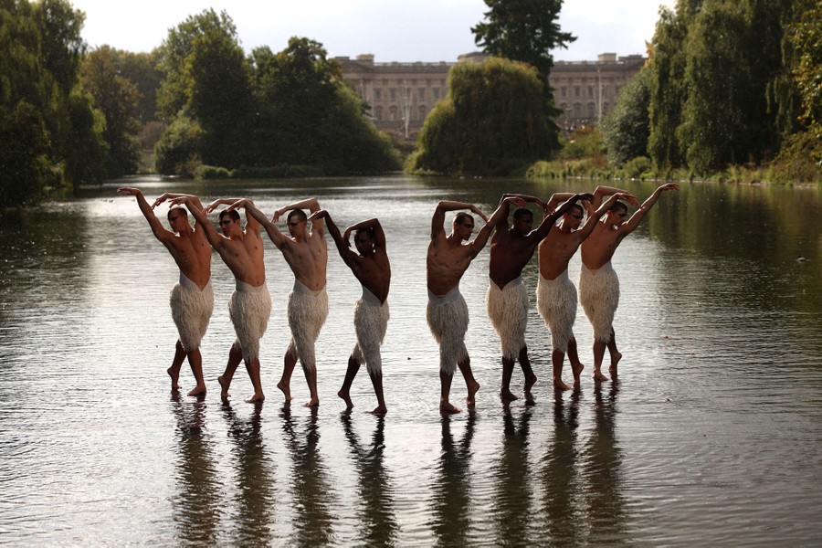 Eight dancers pose together while standing in a very shallow lake.
