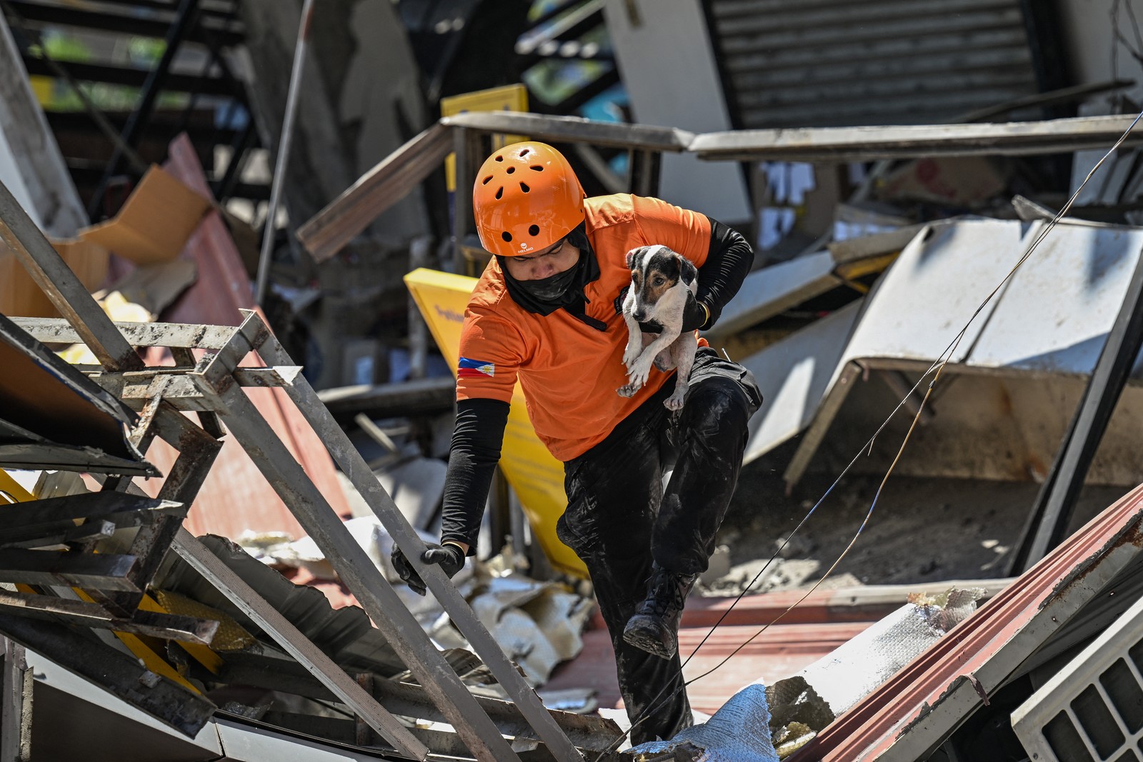 A person carries a rescue dog while conducting search-and-rescue operations in a collapsed building.