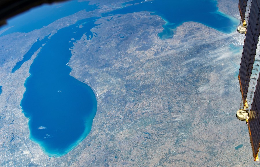 Lake Michigan, Lake Huron, and the state of Michigan, seen from orbit