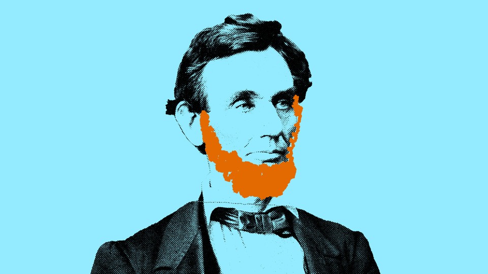 A blue-tinted image of Abe Lincoln with an orange filled-in beard