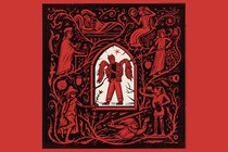 Red-and-black illustration of medieval-style woodcut with red figures of the seven deadly sins surrounding a gothic-arched frame surrounding a winged devil wearing modern clothes, walking and staring at a smartphone.