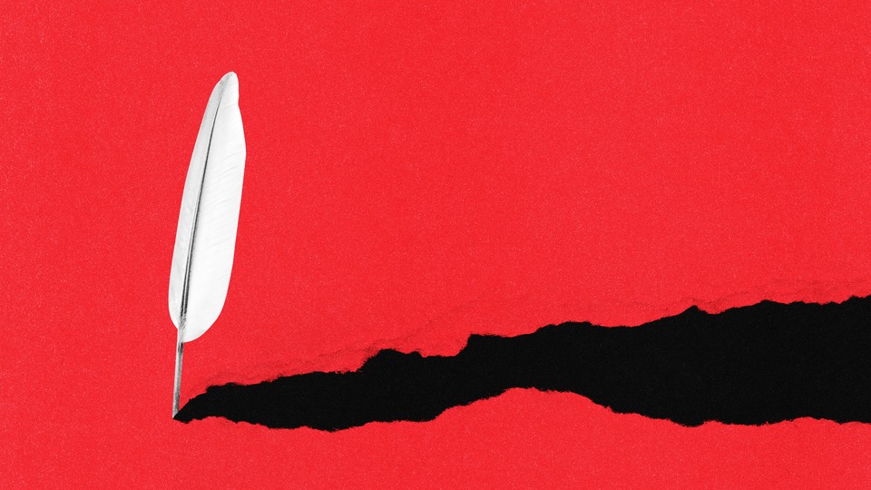 Illustration of a feather quill with a long dark shadow in a field of red.