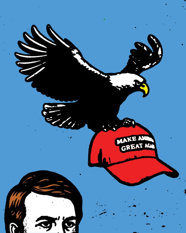 illustration of bald eagle snatching a red Make America Great Again ballcap off a man's head and flying away