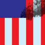 Illustration with blue rectangle at top left and red/white vertical stripes, in which 2 white bars and a cloud of smoke form the shape of the World Trade Center