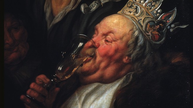 A painting of a man wearing a crown drinking