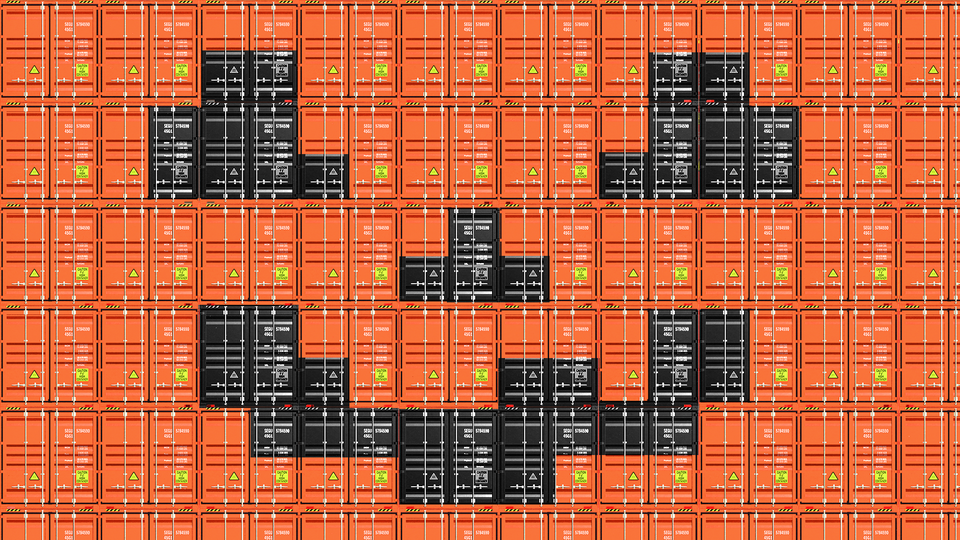 An image of a Jack-O-Lantern face made from shipping containers
